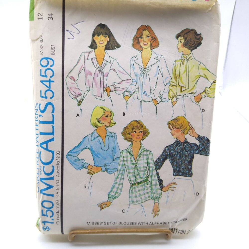 Vintage Sewing PATTERN McCalls 5459, Misses 1977 Set of Blouses with Alphabet